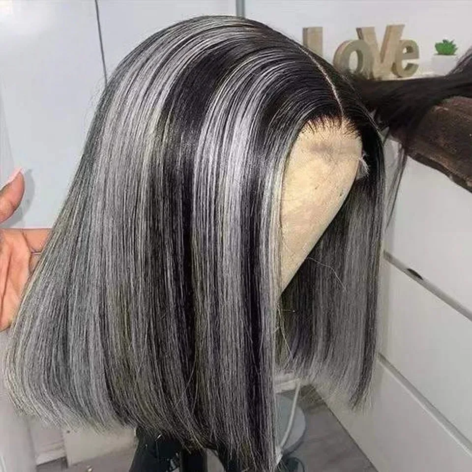 

Black Highlight Grey Wigs Short Bob Straight Lace Frontal Wig Pre Plucked Natural Color 13x4 HD Pre Plucked Synthetic For Women