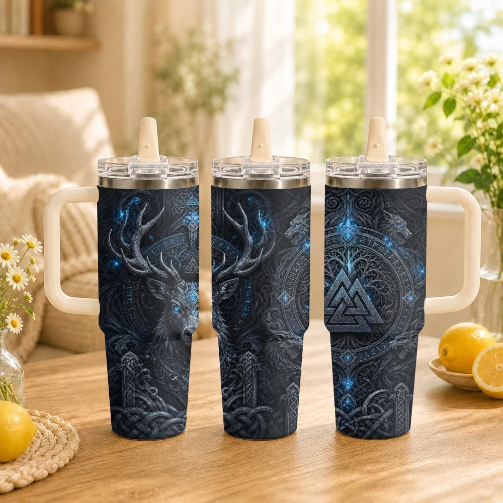Viking Nordic Wild Wolf Vacuum Flasks 40oz Thermal Tumbler with Handle Stainless Steel Vacuum Insulated Water Portable Mug Cup