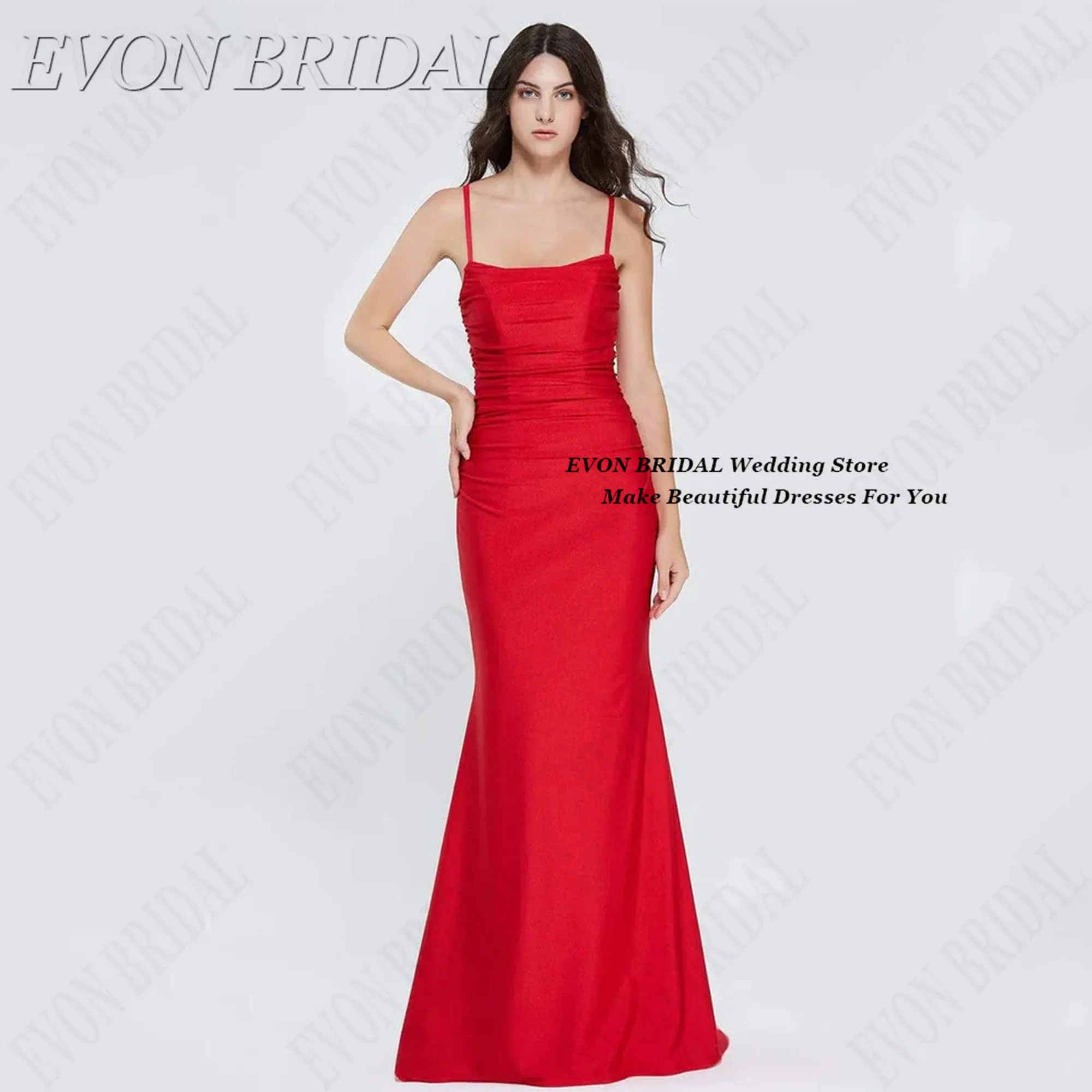 

Customized Red Mermaid Evening Dress Sexy Slit Square Collar Party Prom Dress For Wedding Dubai Backless Party Gown EVON BRIDAL