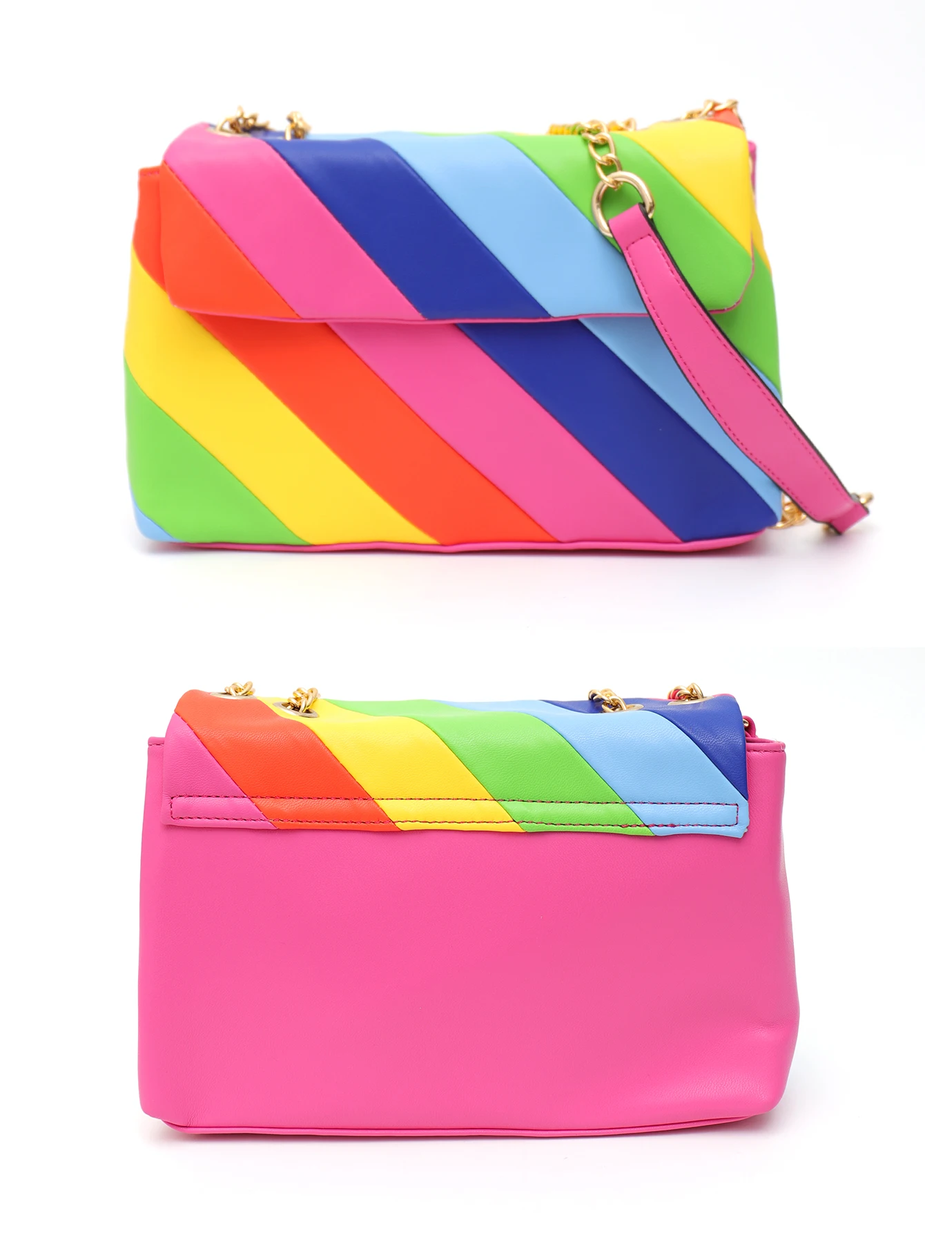 CEZIRA Shiny Rainbow Flap Bags for Women Luxury Multi-Coloured Patchwork Cross Body Shoulder Handbags Metal Chain Square Purses