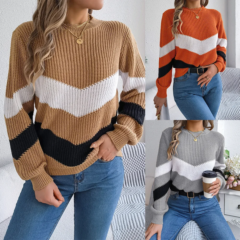 

Women's Knitwear 2025 Autumn/Winter Casual Blocked Lantern Long Sleeved Sweater Свитера Женские Oberteile Dame Sweater Women