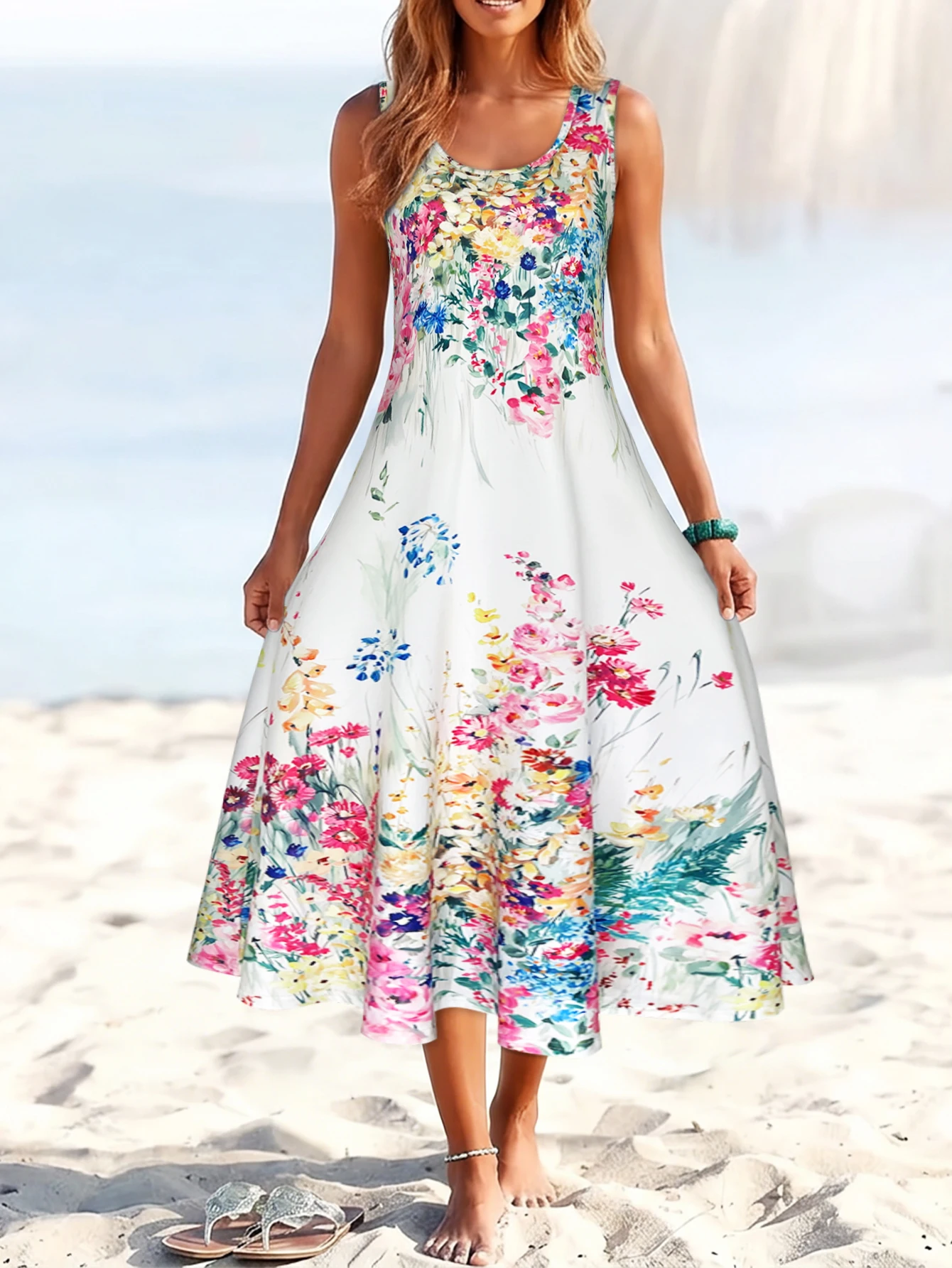 Women's Watercolor Print Sleeveless Midi Dress, Round Neck Loose A Line Casual Sundress,Summer Beach