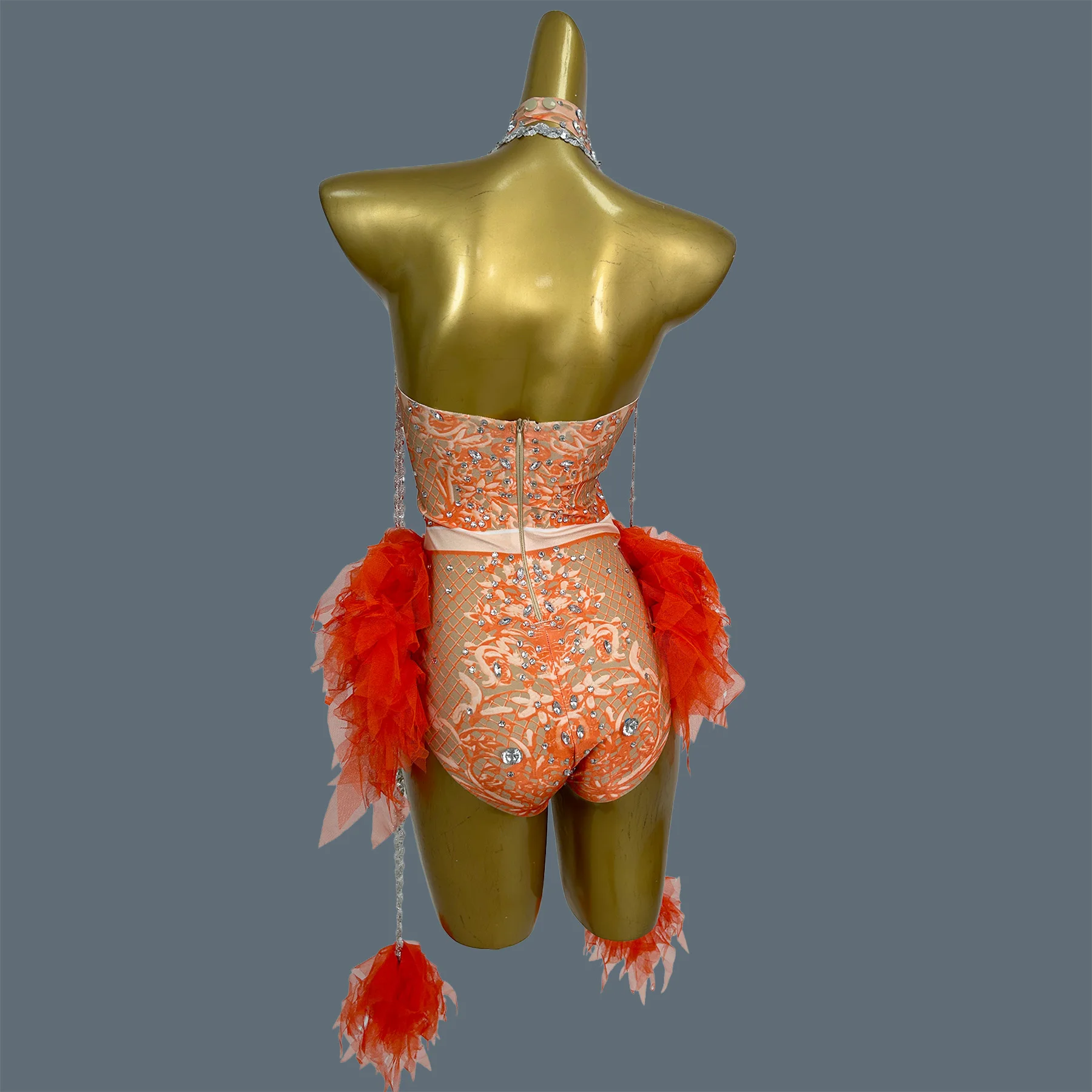 Orange Floral Rhinestone Halter Mesh Bodysuit Women Party Crystal Chain Latin Dance Club Stage Show Costume Sexy Wear Pingguo