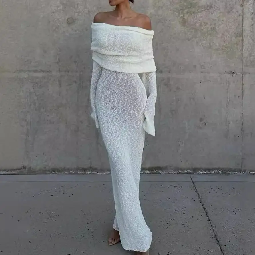 Elegant Knit Maxi Dress Long Flare Sleeve White Ladies Guest Luxury Off Shoulder Beach Event Party Evening Dress Summer 2024