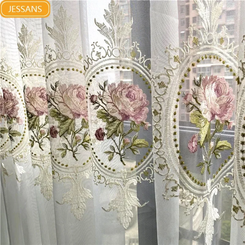 

New American Rose Embroidery Window Screen Curtains for Living Room Bedroom Balcony Float Windows Customized Tulle Villa