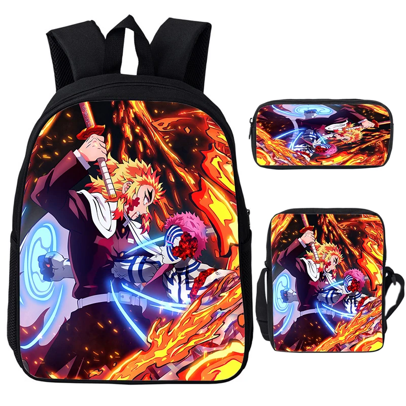 3pcs Set Anime Kimetsuno Yaiba Schoolbag 3D Print Bookbag Boys Girls School Bags Demon Slayer Backpack Student Cartoon Mochila