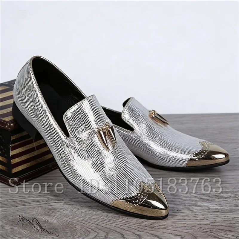 Luxury Silver Metallic Men's Loafers, Pointed Toe Slip-On Dress Shoes, Gold Accent Formal Shoes for Party Prom Wedding