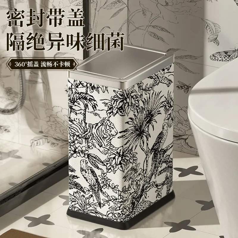 for Trash Can Household Toilet Bathroom Advanced Sense Square with Shaking Cover Living Room Stainless Steel Large Capacity