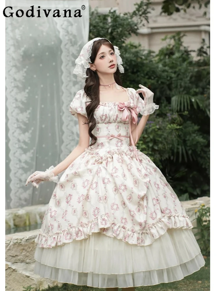 

Elegant Sweet Print Short Sleeve Lolita Temperament Square Neck Fairy Dress Summer Girls High Waist A-line Cake Princess Dresses