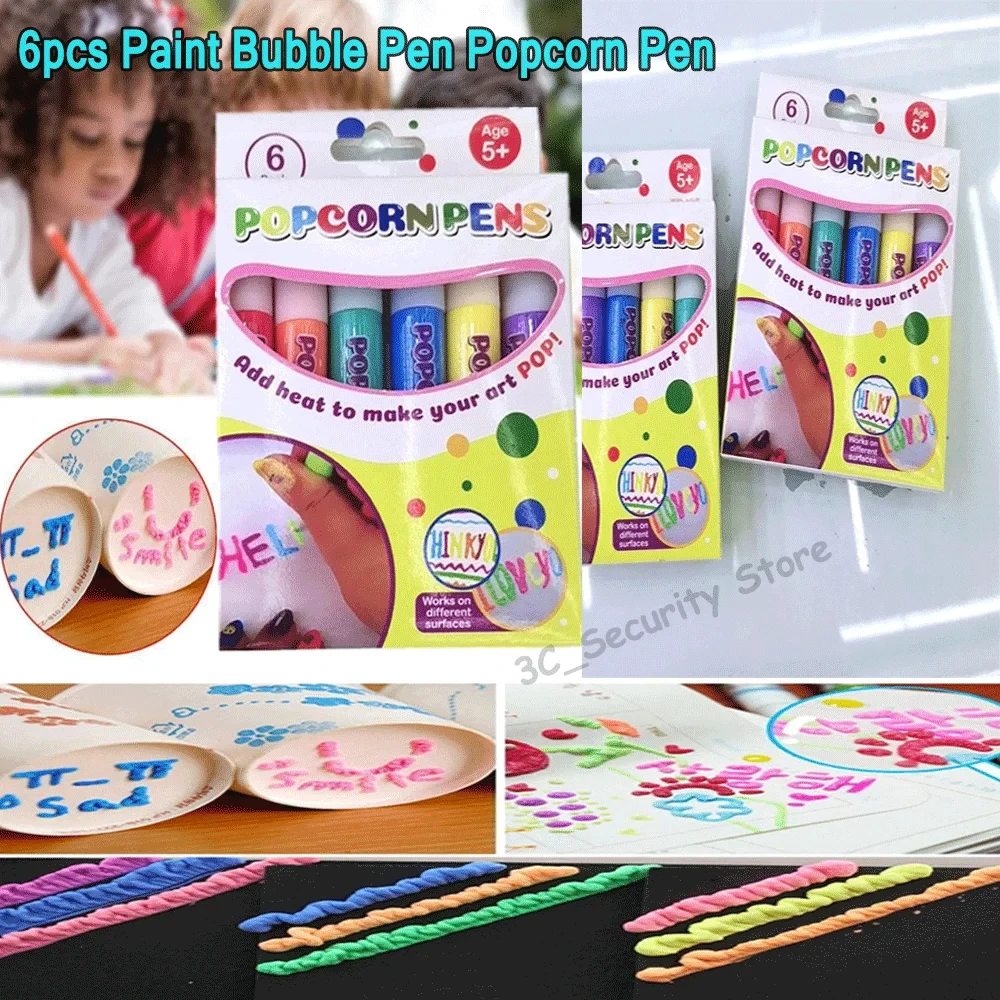 6pcs DIY Bubble Popcorn Drawing Pens 3D Magic Puffy Effect Drawing Pens Safe Pen Greeting Birthday Cards Handmade Kids Gifts