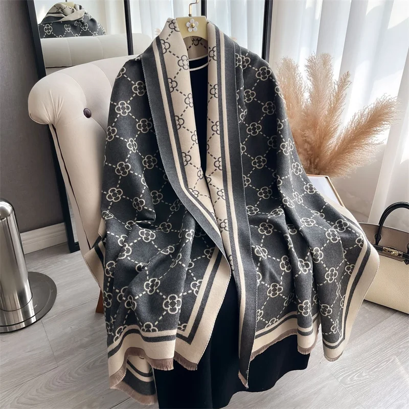 Double-Sided Luxury Brand Print Winter Scarf Cashmere Thicken Warm Women Shawl Pashmina Female Foulard Wrap HIjab Neckerchief