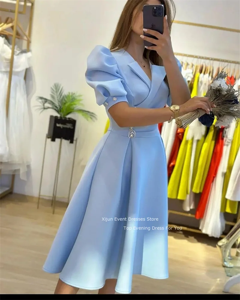 Xijun Elegant Short Prom Gowns Saudi Arabric Women Evening Dresses Formal Prom Gowns Crystal Midi Length V-Neck Party Dresses