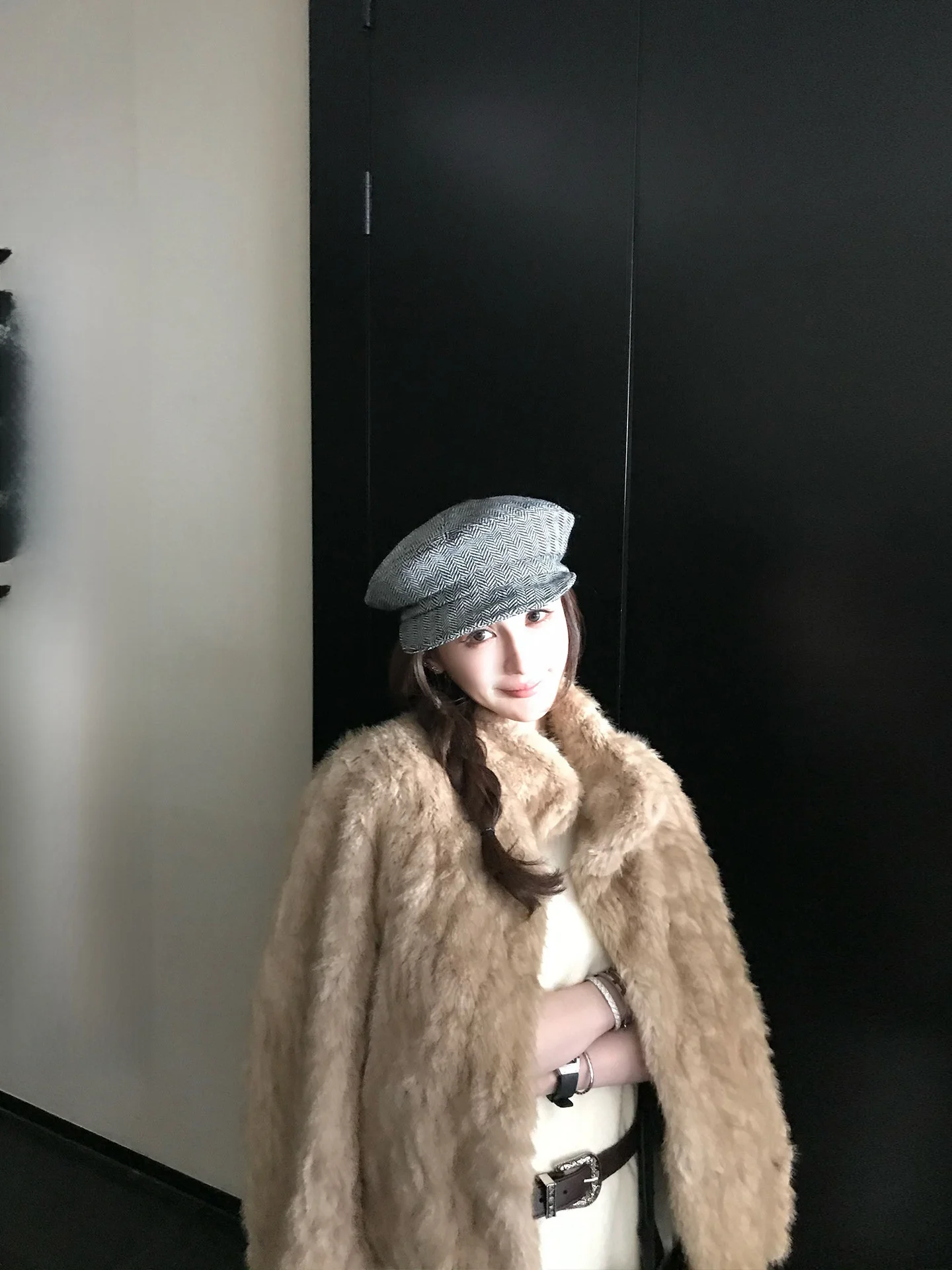 

Skk Store Women's Spring Outerwear Double Color Wave Moon Tooth Texture Eco-friendly Faux Fur Warmth Long Sve Zipper Closure