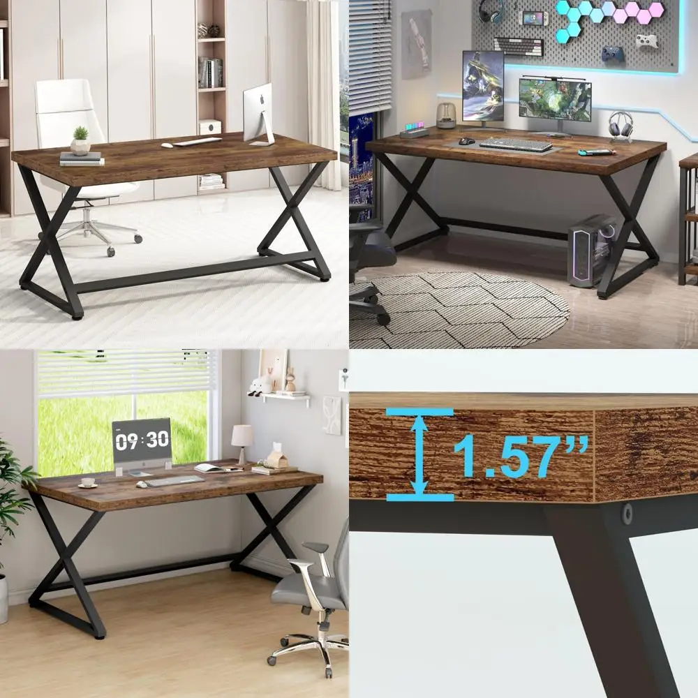 

55 Inch Farmhouse Style Industrial Wood and Metal Legs Desk for Home Office, Writing, and Studying
