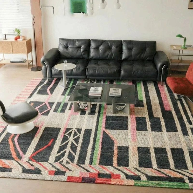 100% Wool Living Room Carpet High-end Vintage Handmade Wool Rug Carpet Vintage Geometric Thick Home Floor Mat Bedside Bedroom