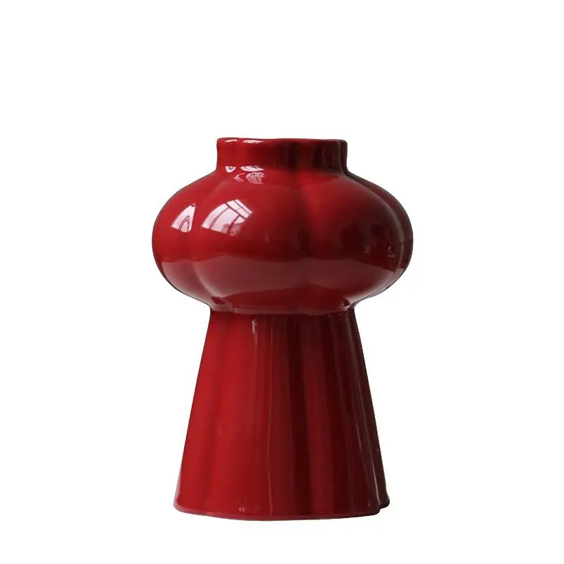 1Pcs Red Ceramic Vase, Desktop Center Decorative Plant Flowerpot, Home Decoration