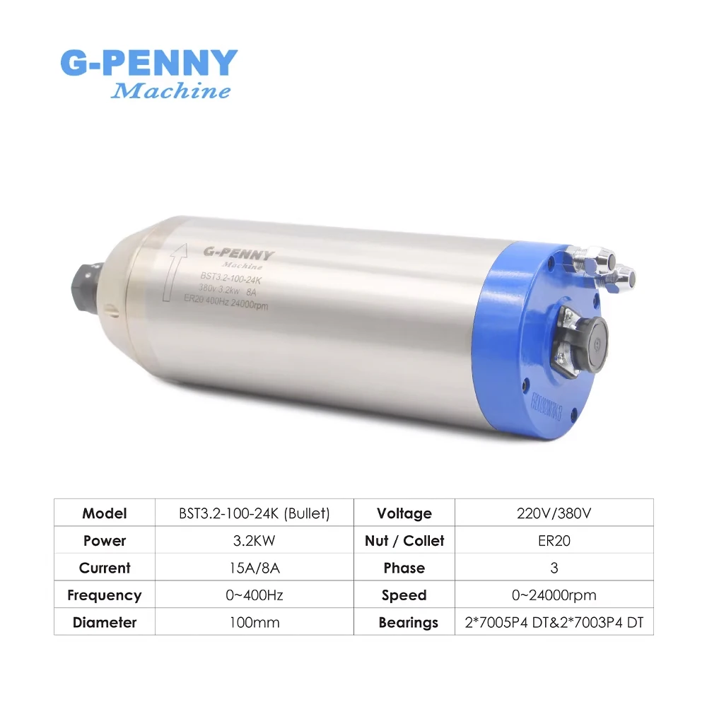 3.2kw ER20 Water Cooled Spindle Kit 220v / 380v 3.2kw & HY 4kw inverter & 100mm Spindle Bracket & 75w Water Pump 5 Meter Tube