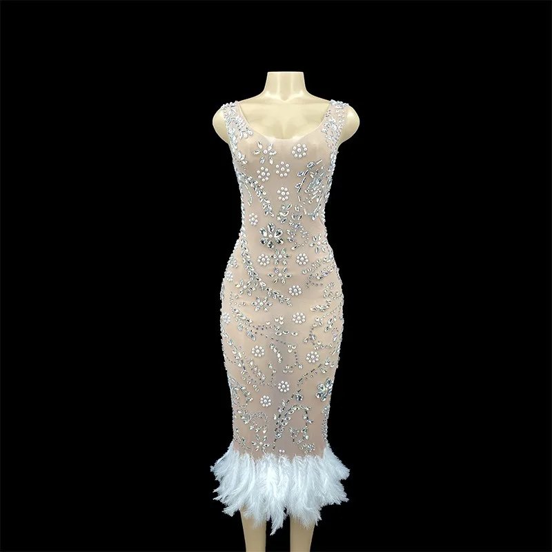 Customized Women's Sparkling Crystal Sequin White Feather Evening Dress Gorgeous and Elegant Formal and Elegant Ballroom Gown