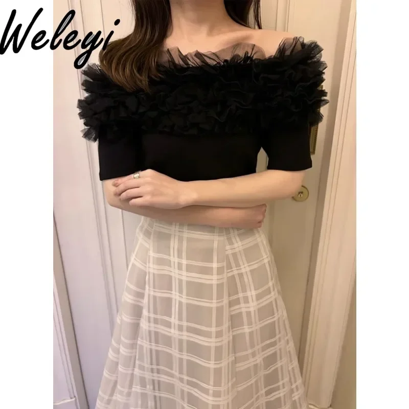 

Japanese Style Elegant Summer Tops Mujer 2024 New Sweet Tulle Ruffle Edge Splicing Off Shoulder Short Knitted Top Blusa Feminina