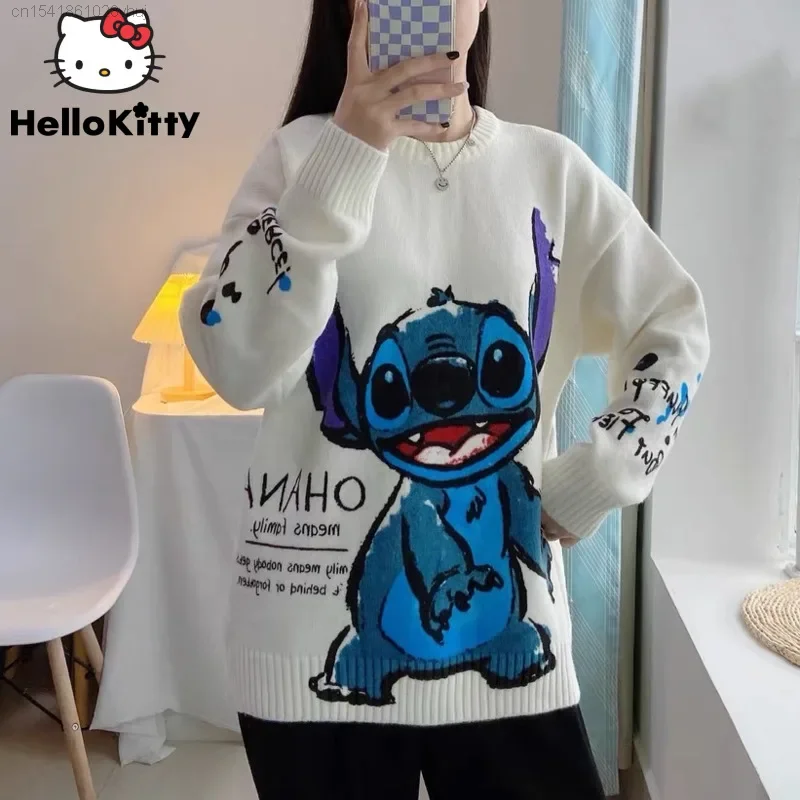 Disney Stitch Hip Hop White Sweater Men\'s Winter Thickened Knitted Trendy Korean Fashion Cute Anime Harajuku Clothes Top Women