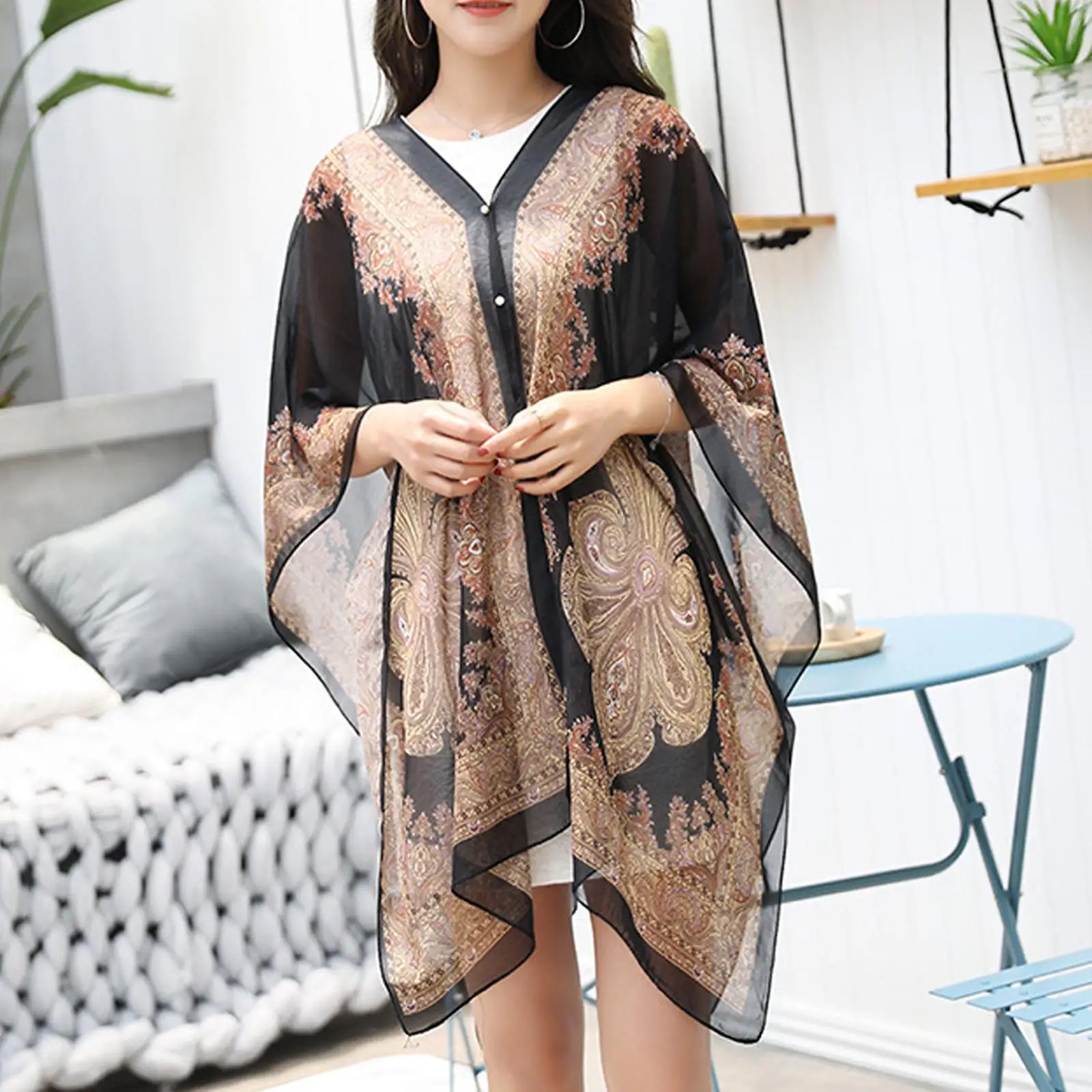 Women Beach Cover Up Poncho Summer Beach Bikini Cover Up Loose Chiffon Blouse Shawl Scarf With Button Swimwear Kaftan