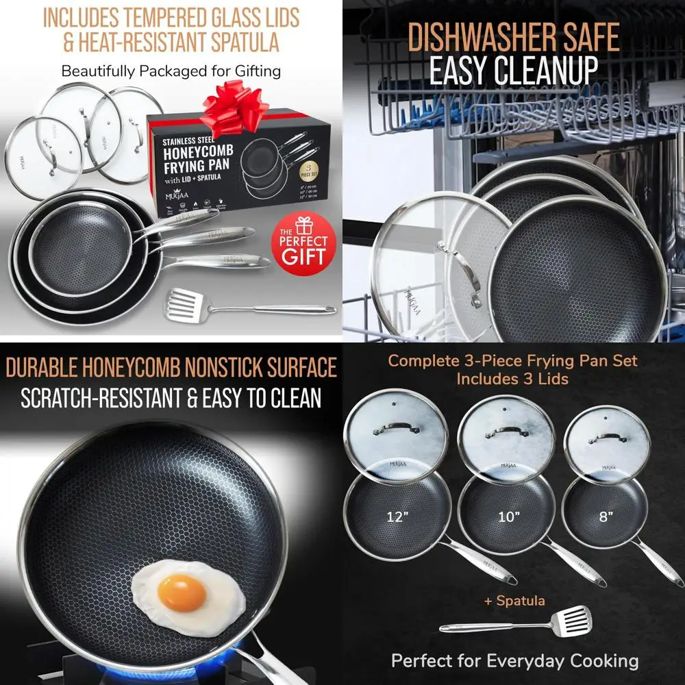 

Набор из 3 сотовых сковородок с антипригарным покрытием, 8, 10, 12 с крышками, безопасный для духовки и индукционный, можно мыть в посудомоечной машине