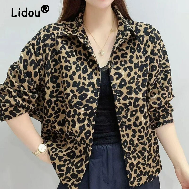 Women Stylish Vintage Leopard Print Button Up Shirt Casual Lapel Three Quarter Sleeve Blouse Spring Autumn Loose All Match Tops