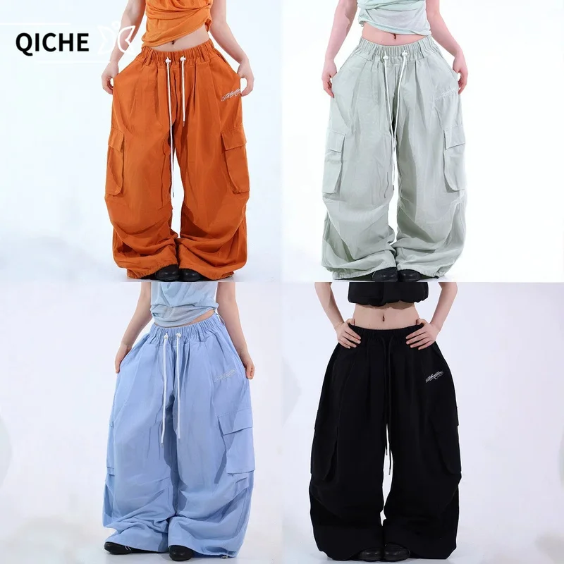QICHE Unisex Wide Leg Cargo Pants Loose Casual Long Trousers Street Dance Fashion Summer Versatile Bottoms