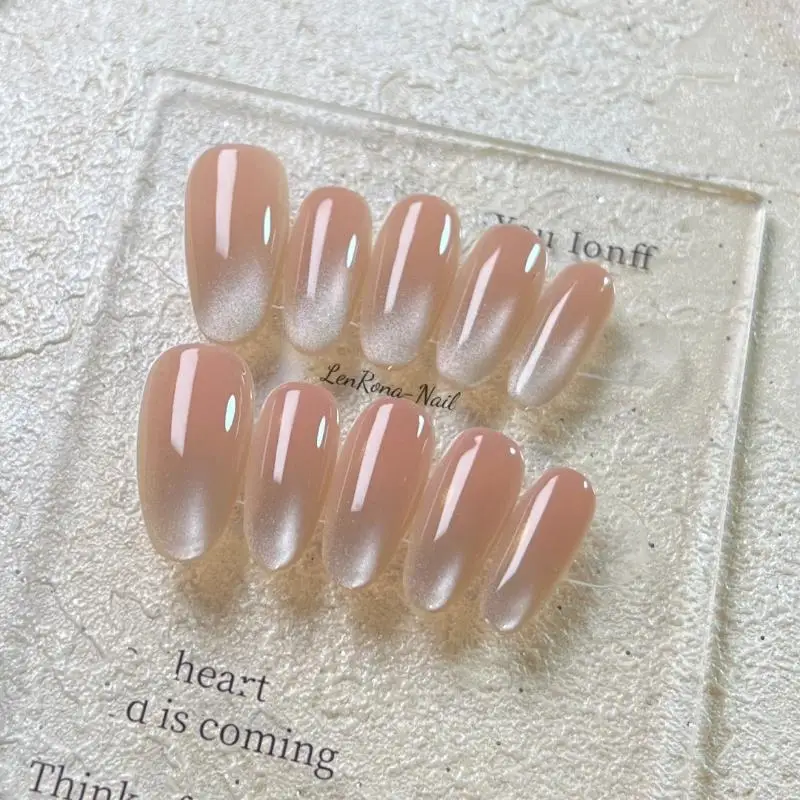 Solid Color Press On Nails, Ice Transparent Cat Eye Nails Handmade Nude Skin-Flattering Nail Patches