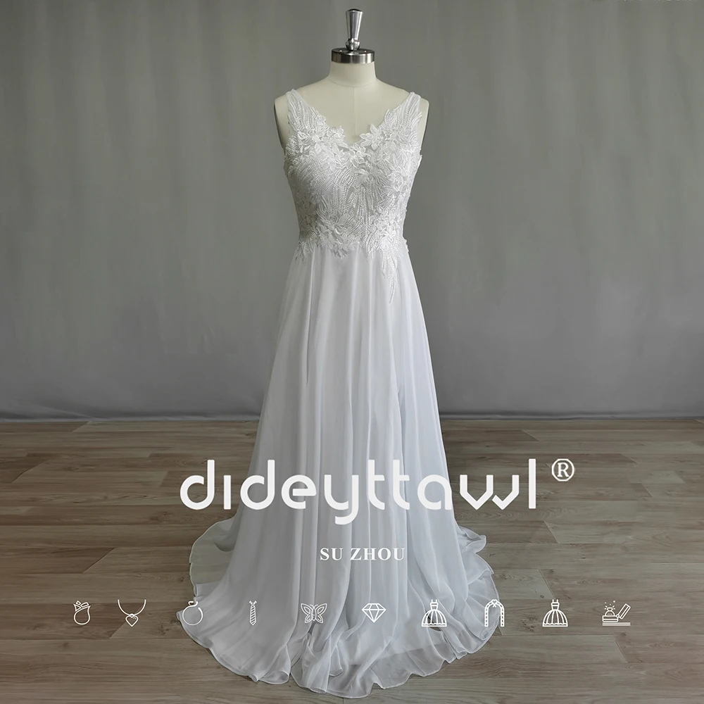 DIDEYTTAWL Boho V-neck Appliques A-LINE Floor Length Chiffon Wedding Dress Sexy Backless Floor Length Bridal Gown