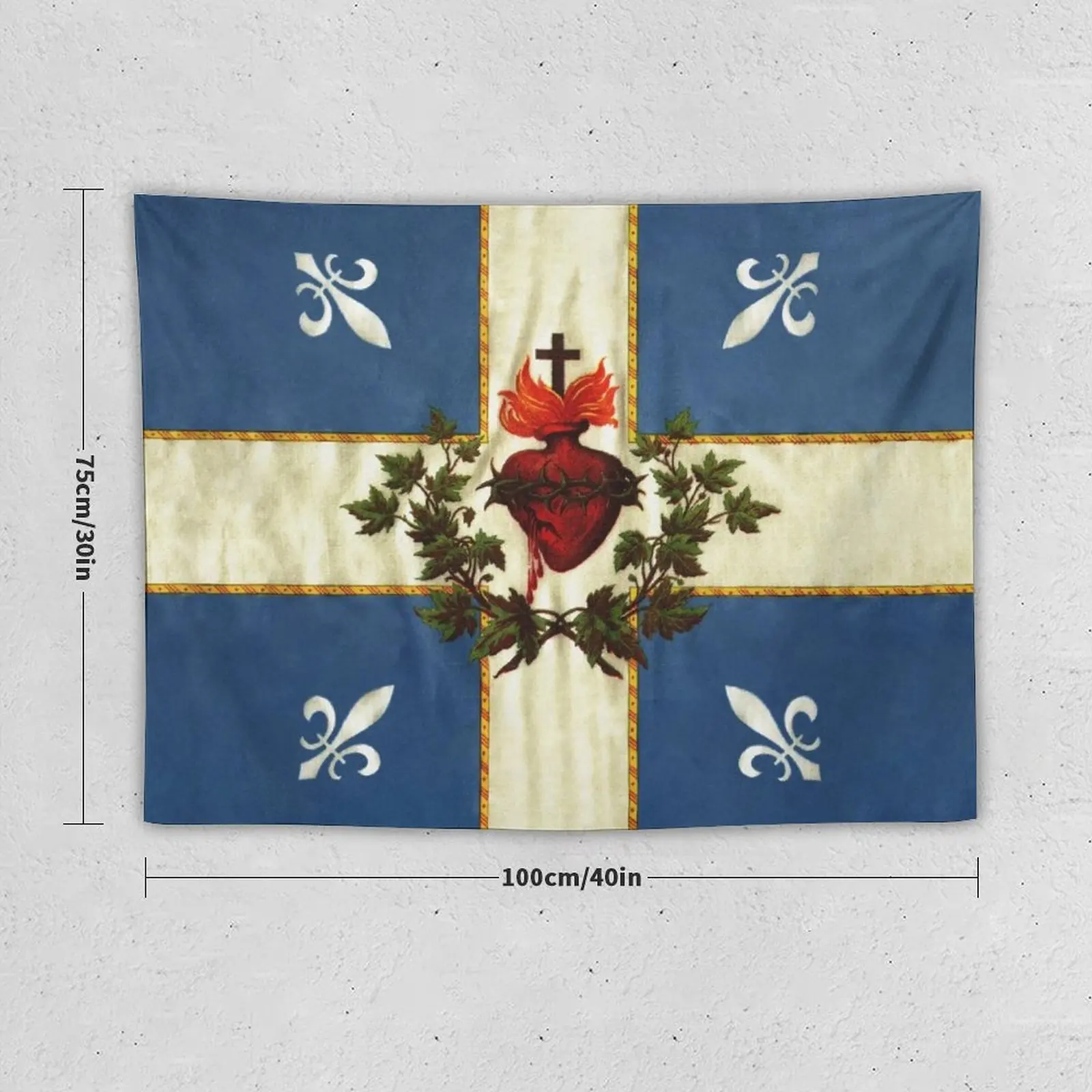 Quebec Sacred Heart flag drapeau Québec Patriote Carillon Sacré-C?ur Christian Catholic old vintage edition with fleurs Tapestry