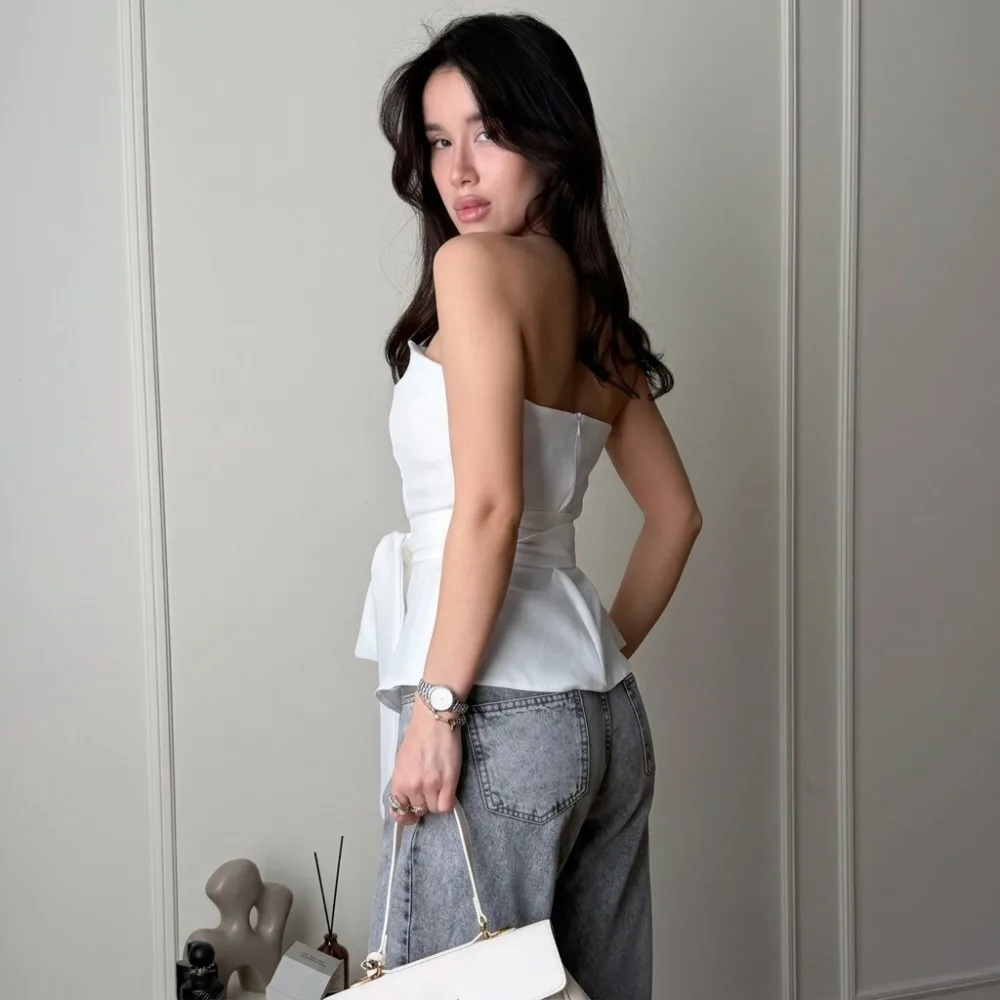 Elegant Soft Irregular Strapless Camis Spring and Summer Women Chic Waistband Pleated Design Office Travel Casual Backless Top