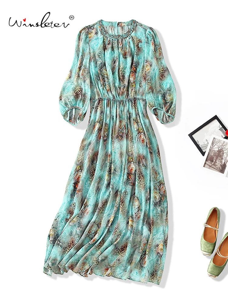 

Winsleter — женское элегантное платье из 100% натурального шелка, с круглым вырезом и рукавами 3/4, с принтом из бисера, отпускные платья в стиле ретро, новинка лета 2025, D56938CC