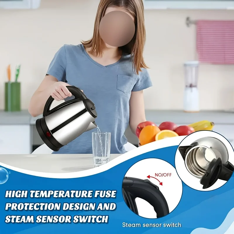 غلاية كهربائية سعة 2 لتر، إبريق شاي من الفولاذ المقاوم للصدأ بقوة 1000 وات مع تصميم مضاد للجفاف، غليان سريع للمطبخ المنزلي، أدوات مطبخ متينة