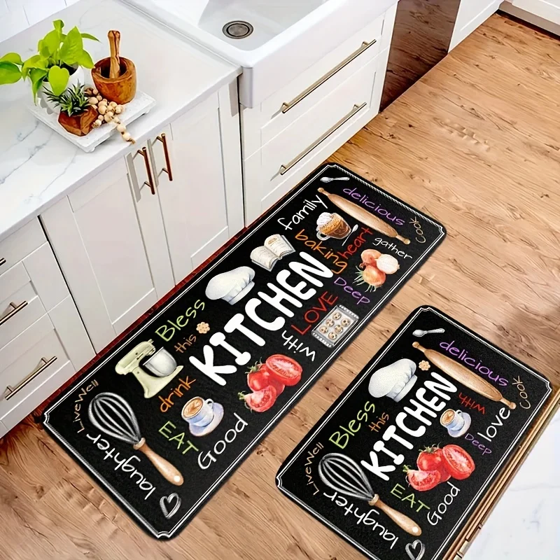 Kitchen Equipment & Ingredient Print Mat, Flannel Non-Slip Soft Rug with 8mm Sponge for Multi-Room Decor