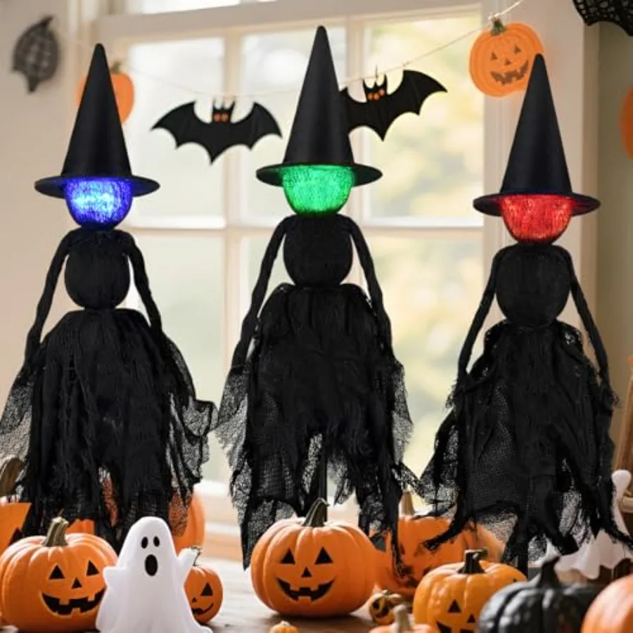 Halloween Decorations Indoor Set of 3 Lighted Primitive Witch with Hat Spooky Black Witches Figurines LED Lights Standing Table