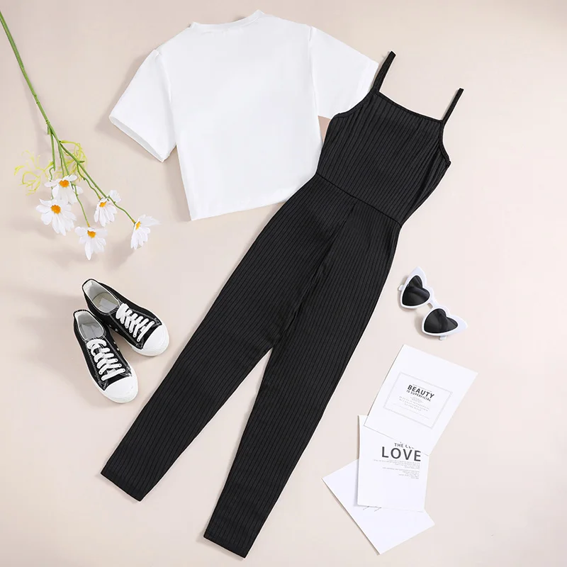 Fashion 8-12Ys Kids Outfit White Short-Sleeved Top + Black Pants For Girls Sporty Preppy Style Outifits 2PCS Casual Suit