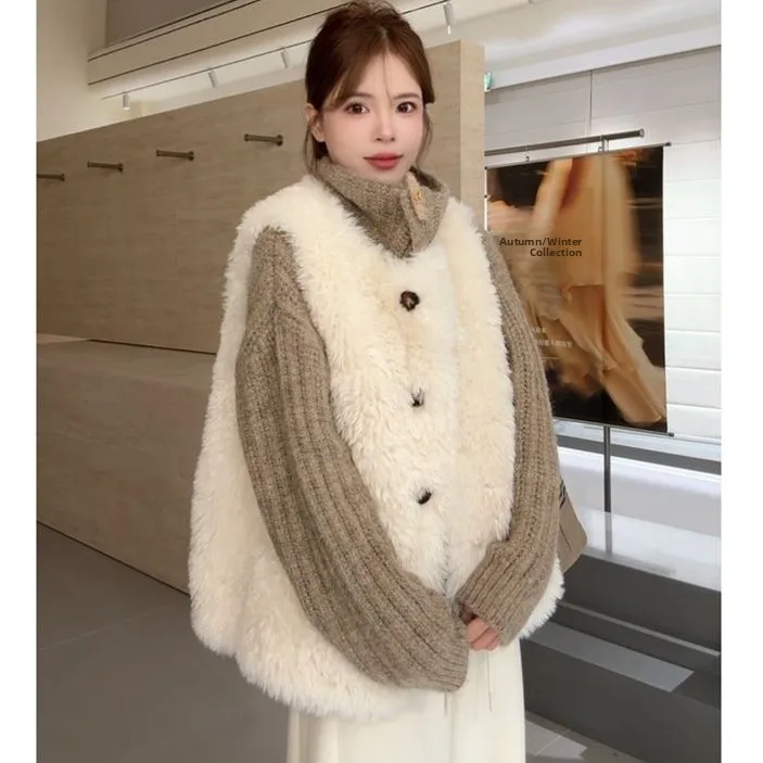 Fall Winter Short round Neck Simple Buttoned Eco-Friendly Fur Vest Lamb Fur Jacket Women's Loose Korean Style Inner Wear
