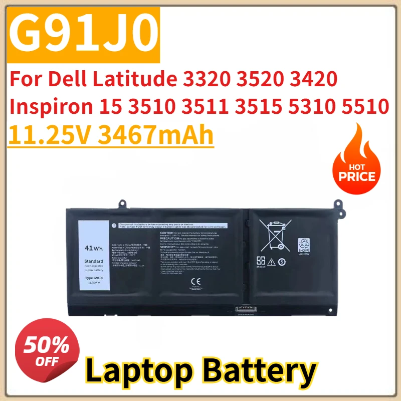 

New Replacement Laptop Battery 11.25V 3467mAh G91J0 For Dell Latitude 3320 3520 3420 Inspiron 15 3510 3511 3515 5310 5510 5410