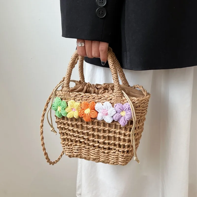 Fashion Straw Basket Small Purse and Handbag Summer Women's Shoulder Crossbody Bag Travel Beach Bag Handmade Woven Shopper Tote