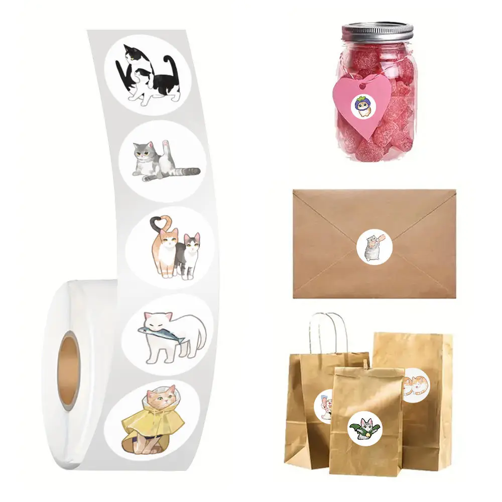 500 sztuk/rolka Kreskówkowe Pętle Śliczne Zwierzęta Kotek Dekoracja Naklejki na Biurko Telefon Komórkowy Kubek na Wodę Hurtownia Artykułów Papierniczych dla Dzieci