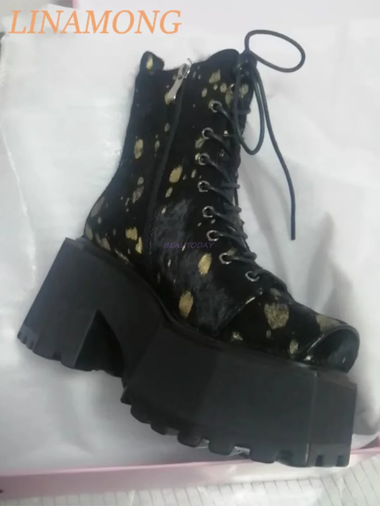 

9Cm Thick Soled Thick Heel Short BootsRetro Horsehair Leopard Print Raised Square Toe Side Zipper Design Fashionable Boots