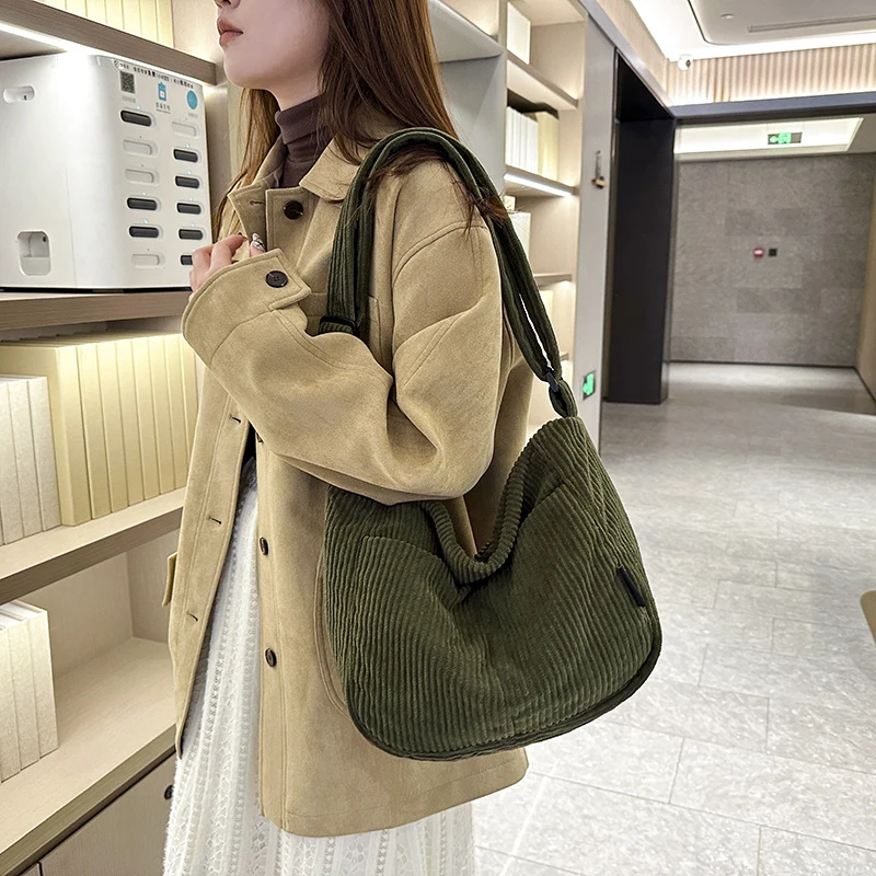 

Japanese Style Corduroy Tote Bag Women Casual Large Capacity Student School Commuting Crossbody Shoulder Bag Fashionable Handbag