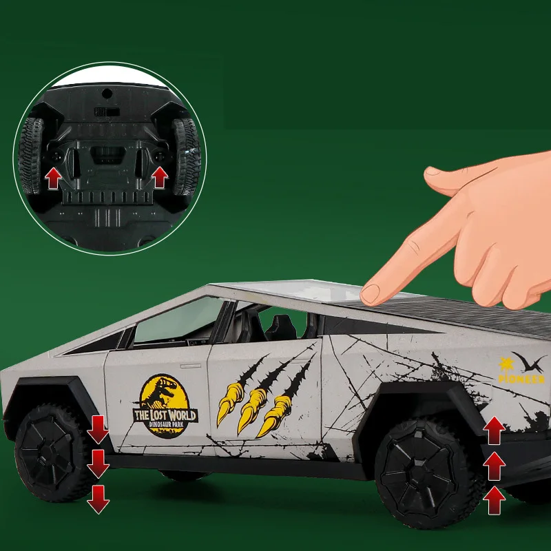 รถกระบะไซเบอร์ทรัค ไดโนเสาร์จูราสสิค รถพลังงานใหม่ ของเล่นรถโลหะแบบหล่อขึ้นรูป ขนาด 1:24 แบบดึงหลัง วัสดุอัลลอยด์ ของสะสม