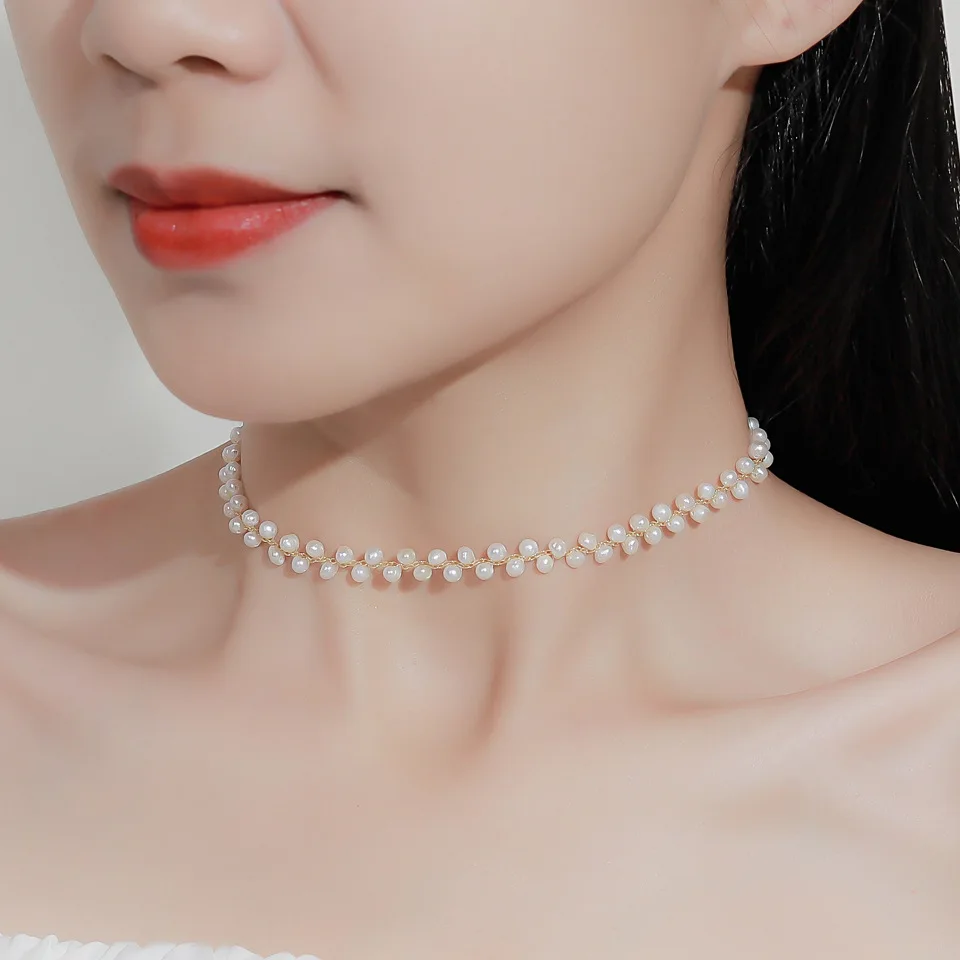 3-4mm Rice Shape Freshwater Pearl Necklaces 32cm 88cm Extend Chain Gold Plated Adjustable Flower Pearl Necklaces for Women