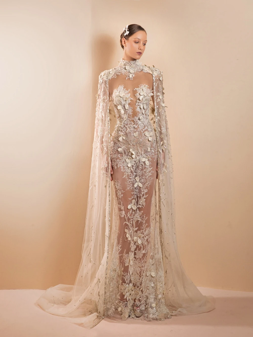 Illusion Lace Mermaid Wedding Dress With Cape Charming 3D Flower Floor-length Bridal Gown 2026 New Customized Dresses For Bride