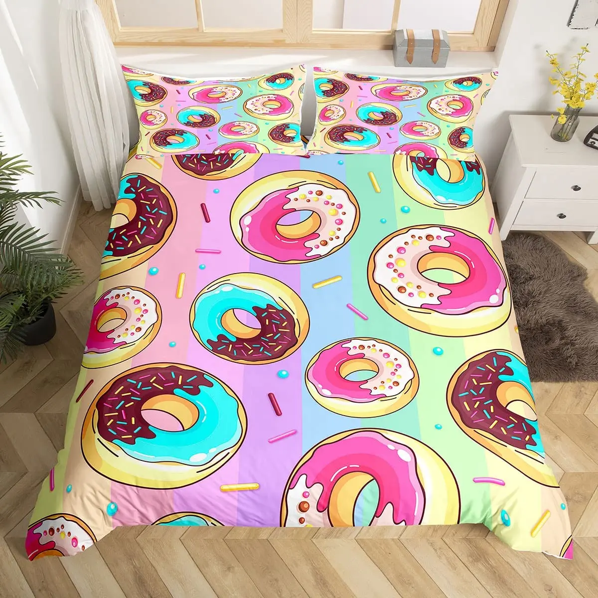 Donuts Duvet Cover Set,Chocolate Butter Biscuits Bedding Set 3pcs,Dessert Theme Comforter Cover Watercolor Style Quilt Cover