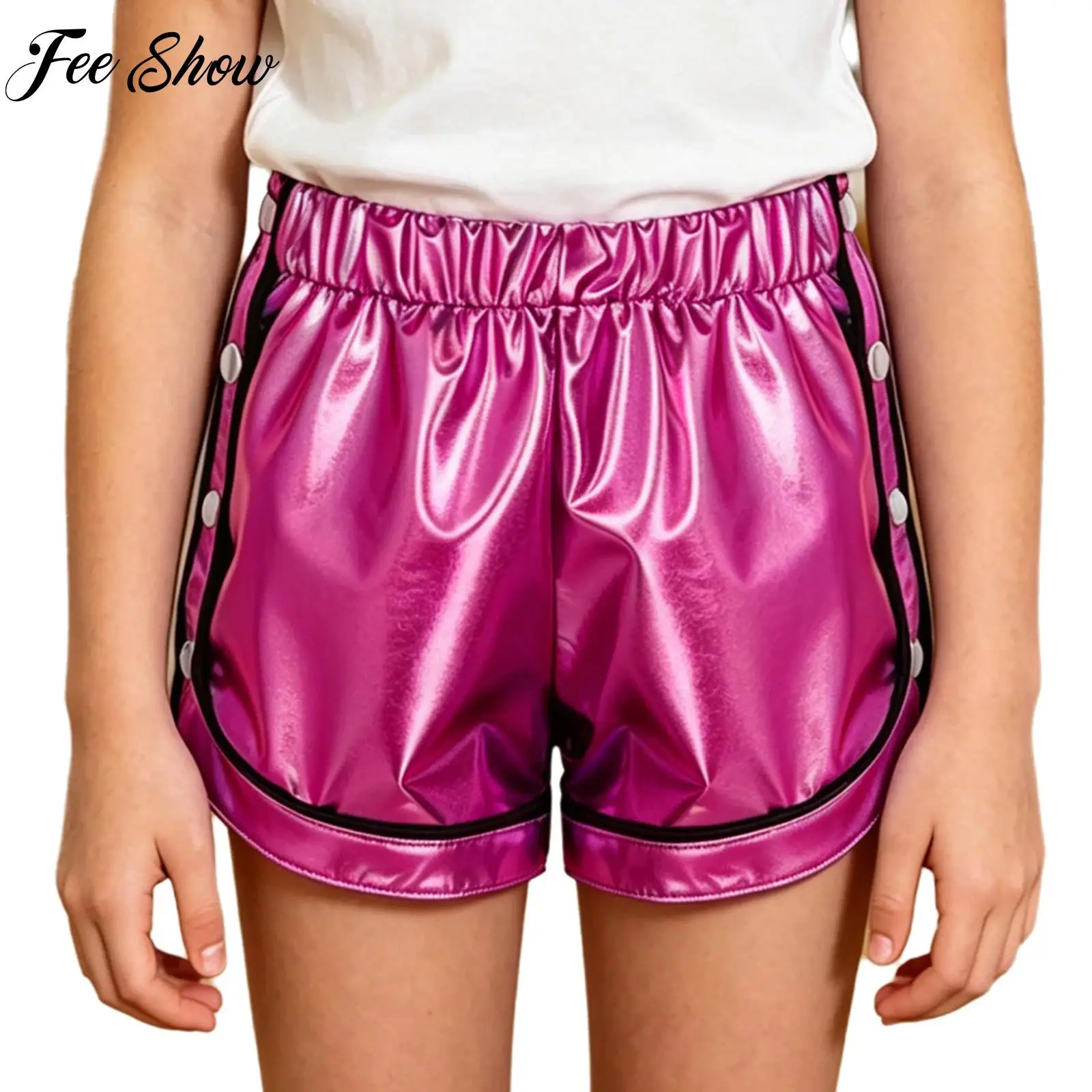 Kids Girls Modern Disco Contrasting Trim Metallic Shorts Set Side Press Buttons Split Shorts for Hip-hop Dance Stage Performance