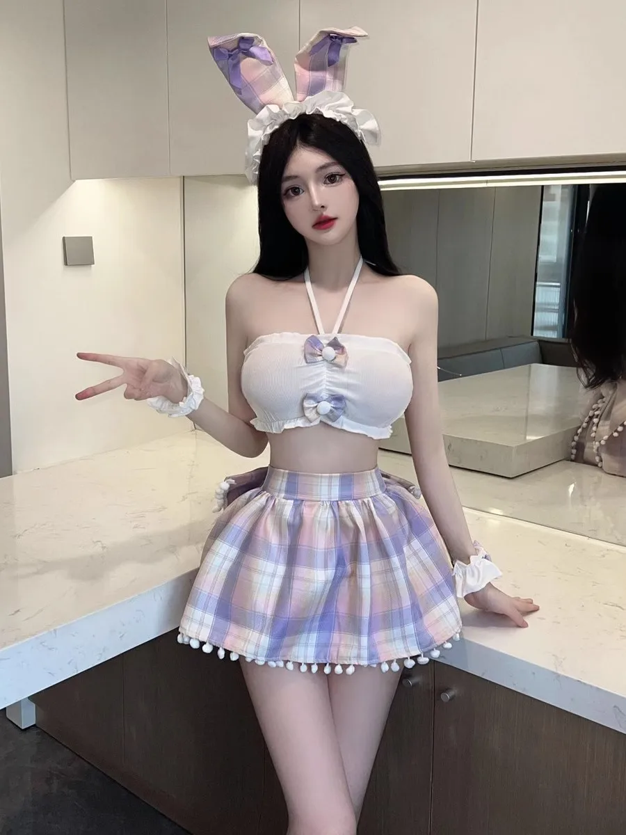 

Sexy Bunny Girl orm Set with Plaid Skirt And Large Ne Hanging Top ow Chest Small Vest Color Colion Design