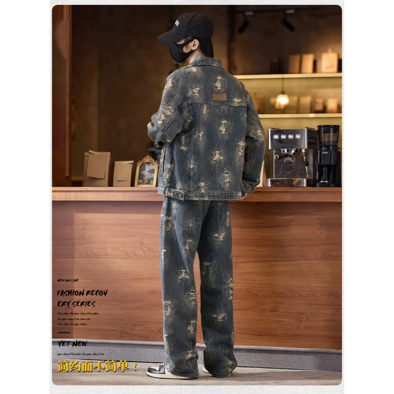 2024 Herfst Nieuwe Retro High-End Persoonlijkheid Jacquard Heren Losse Jeans Koreaanse Hiphop Trend Mode Heren Broek